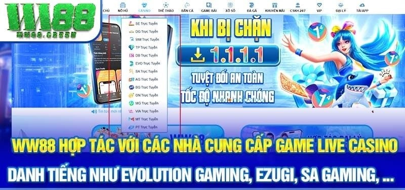 WW88 hợp tác với các nhà cung cấp game live casino danh tiếng