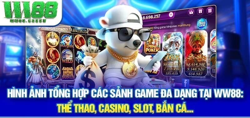 Hình ảnh tổng hợp các sảnh game đa dạng tại WW88: Thể thao, Casino, Slot, Bắn cá…
