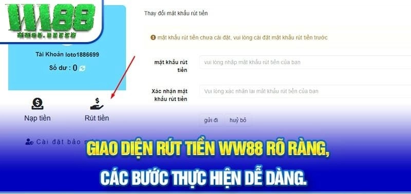 Giao diện rút tiền WW88 rõ ràng, các bước thực hiện dễ dàng.